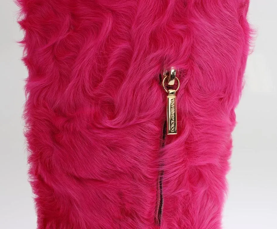 Dolce & Gabbana Pink Lamb Fur Leather Flat Boots
